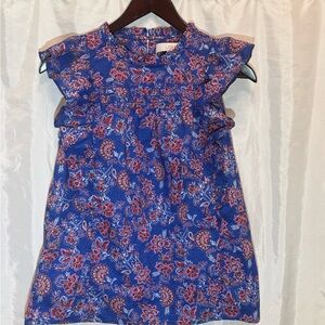 LOFT Blue Floral Ruffle Sleeve Top - XS